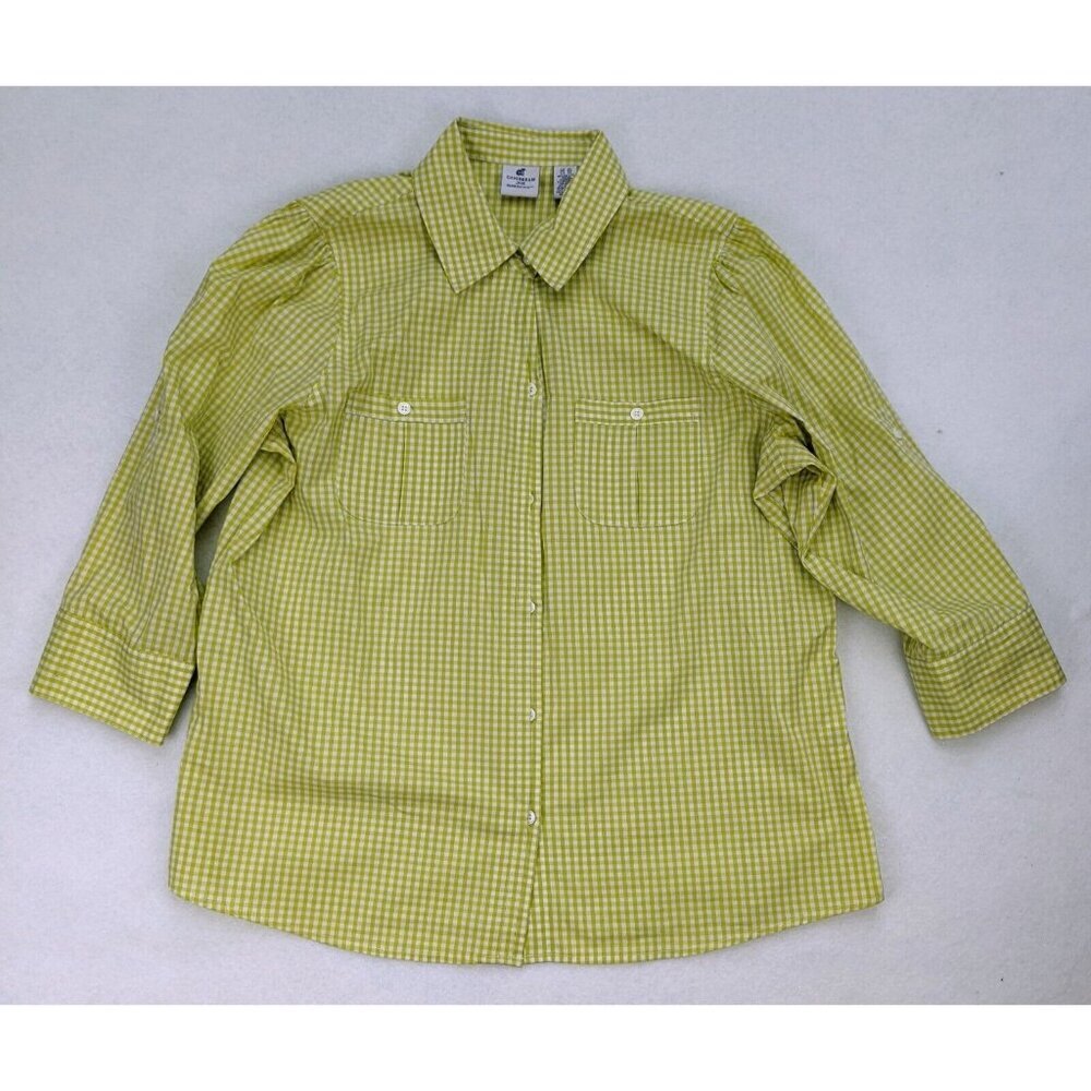 Caribbean Joe Women's Top Size XL Green Plaid 3/4 Sleeve Button-Up